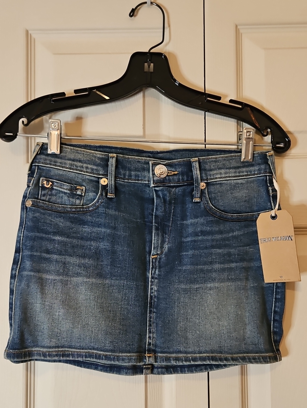 True Religion Women's Distressed Dark Blue Denim Mini Skirt